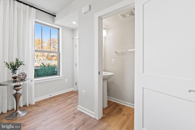 bathroom with hardwood / wood-style floors