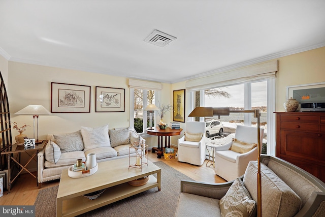 living room featuring ornamental molding and light hardwood / wood-style flooring