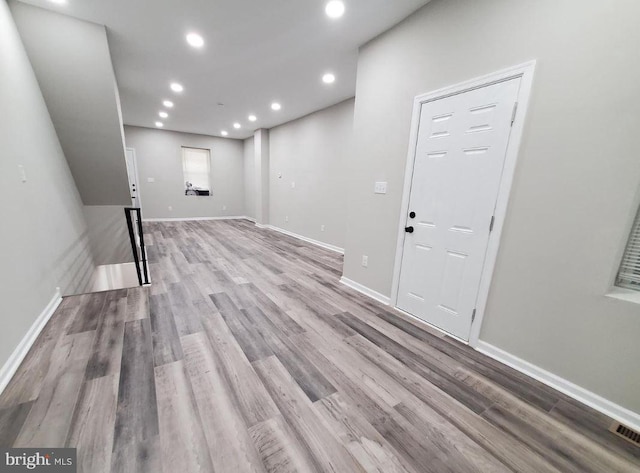 basement with light wood-type flooring