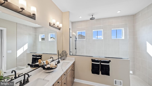 bathroom with tile patterned flooring, plenty of natural light, vanity, and tiled shower