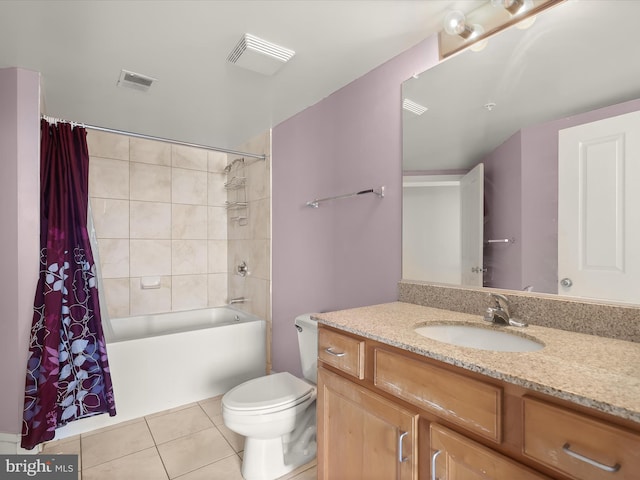 full bathroom featuring tile patterned floors, vanity, shower / tub combo, and toilet