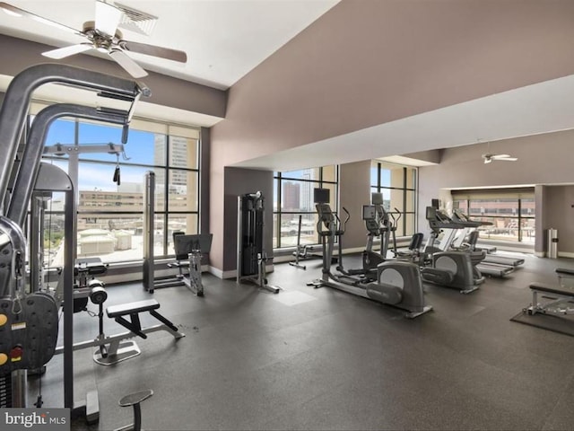 gym featuring ceiling fan