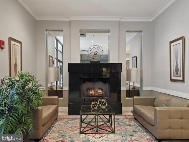 interior space with tile patterned flooring and crown molding