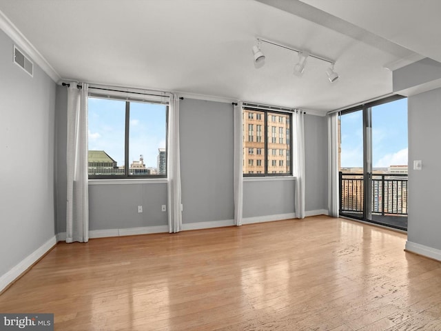 empty room with light hardwood / wood-style flooring, rail lighting, and ornamental molding