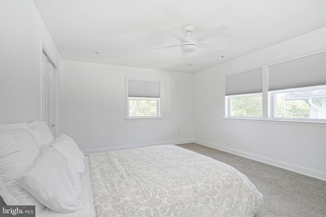 carpeted bedroom with multiple windows, ceiling fan, and a closet