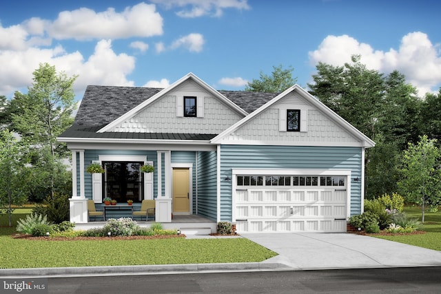 view of front of property with a porch, a garage, and a front lawn