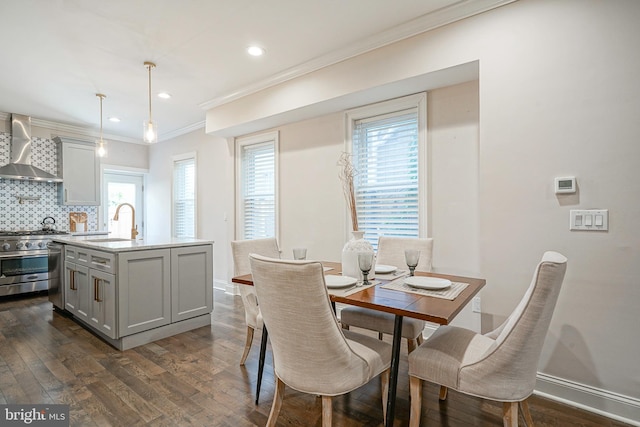 dining room with a healthy amount of sunlight, ornamental molding, dark hardwood / wood-style flooring, and sink