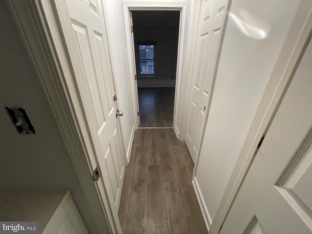 hallway with dark hardwood / wood-style flooring