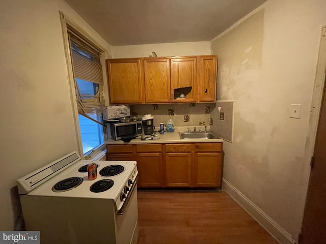 kitchen featuring sink, white electric range oven, and dark hardwood / wood-style flooring