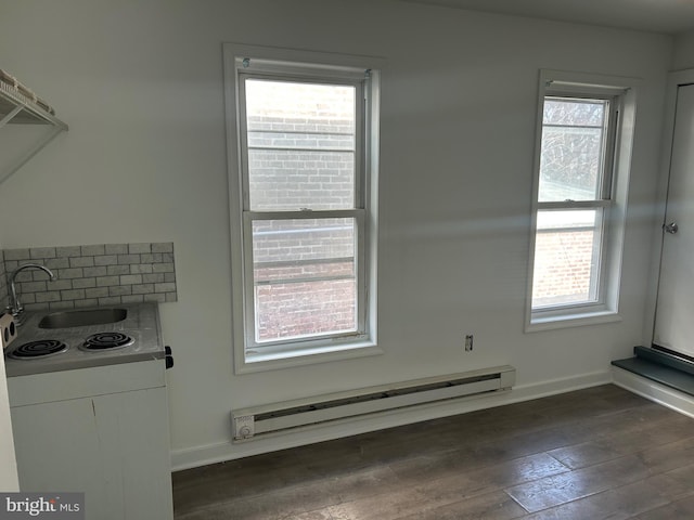 interior space featuring dark wood-type flooring and baseboard heating