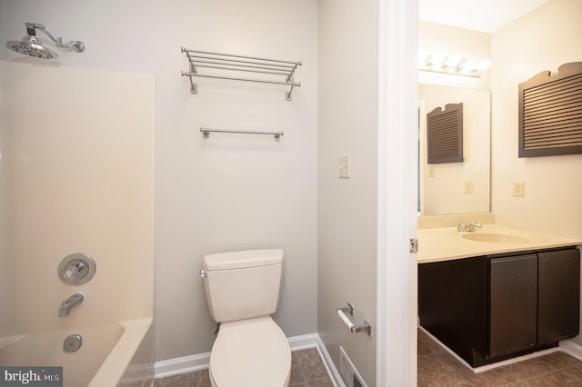 full bathroom featuring tile patterned floors, vanity, bathtub / shower combination, and toilet