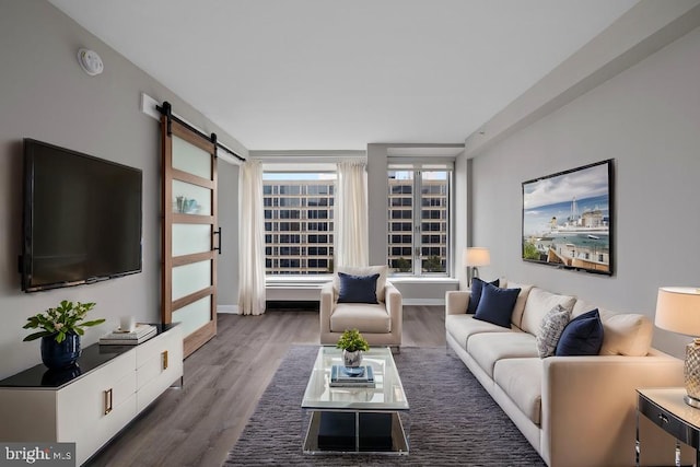 living room with hardwood / wood-style flooring and a barn door