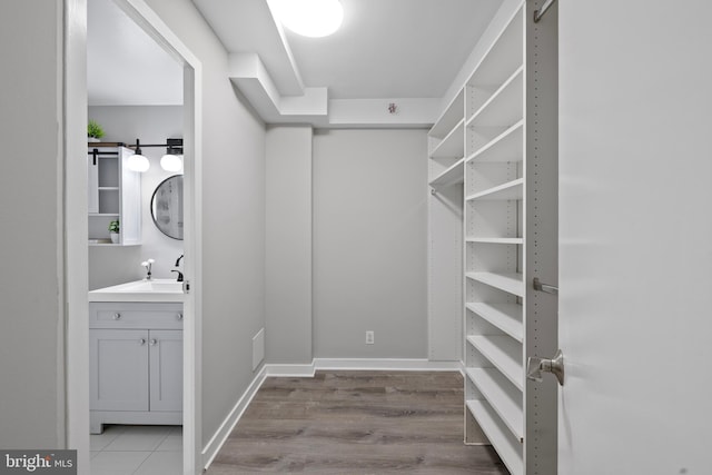 walk in closet with hardwood / wood-style floors and sink