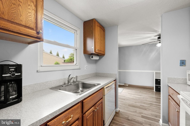 436 Heather Ridge Dr, Frederick, MD 21702 - kitchen featuring white appliances, light wood finished floors, ceiling fan, a sink, and brown cabinets