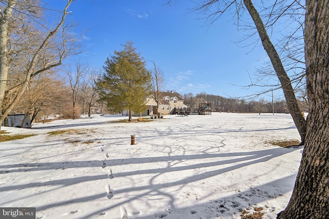 view of yard layered in snow