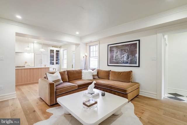 living room with ornamental molding and light wood-type flooring