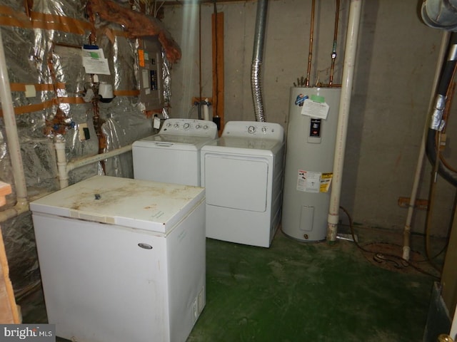 laundry room featuring washing machine and clothes dryer, electric panel, and water heater