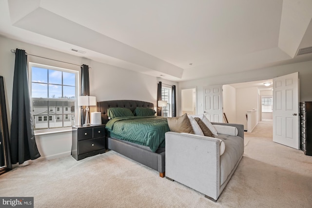 bedroom with light colored carpet, a raised ceiling, and multiple windows