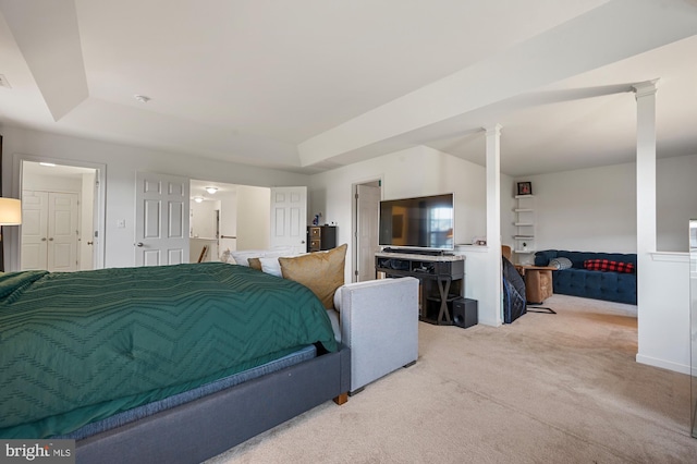 bedroom with a raised ceiling and light carpet