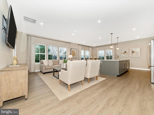 living room featuring light hardwood / wood-style flooring and sink