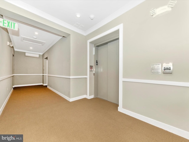 interior space featuring an AC wall unit, elevator, crown molding, and light colored carpet