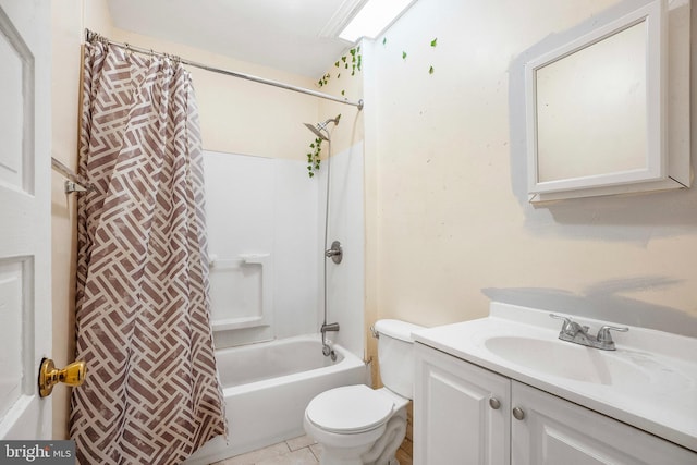 full bathroom featuring vanity, tile patterned flooring, shower / bathtub combination with curtain, and toilet