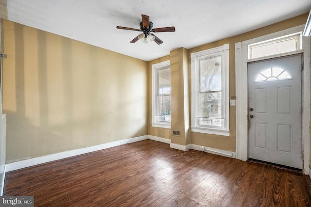 foyer entrance featuring a wealth of natural light, dark hardwood / wood-style flooring, and ceiling fan