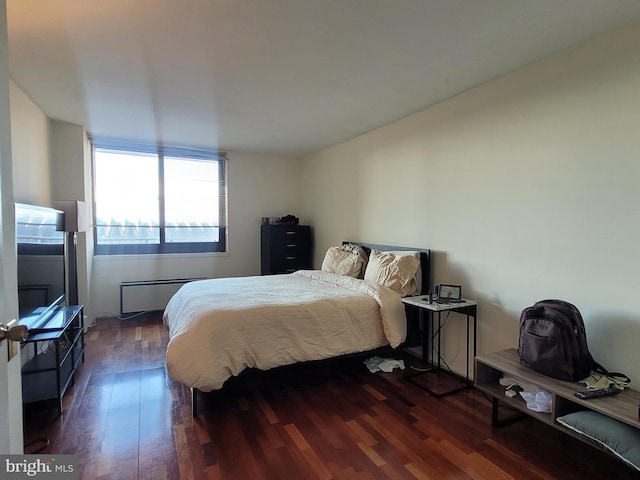 bedroom featuring dark hardwood / wood-style flooring and radiator heating unit