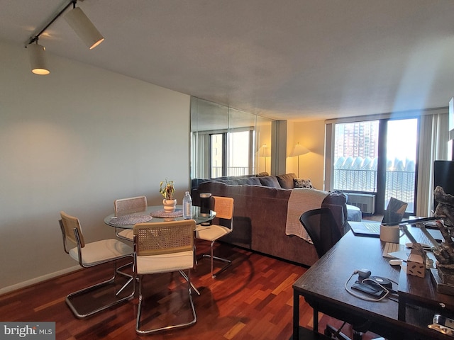 dining room featuring dark hardwood / wood-style flooring and track lighting