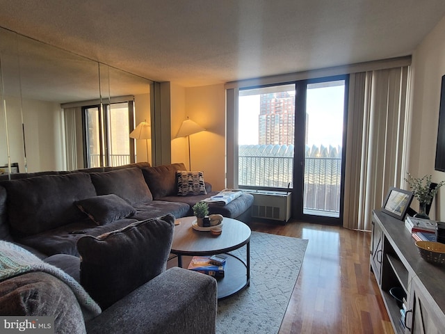 living room with a textured ceiling and hardwood / wood-style flooring