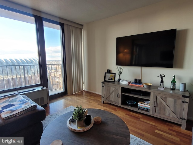 living room featuring radiator and light hardwood / wood-style flooring