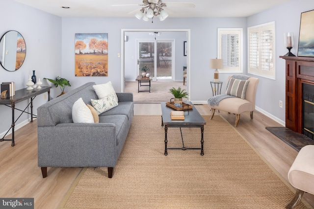 living room featuring ceiling fan and light wood-type flooring