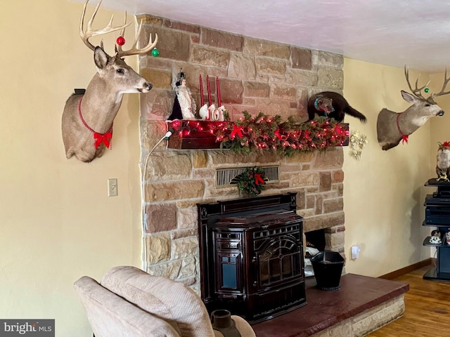 interior details featuring a wood stove and hardwood / wood-style floors