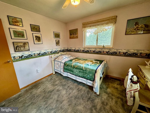 bedroom featuring ceiling fan and dark colored carpet