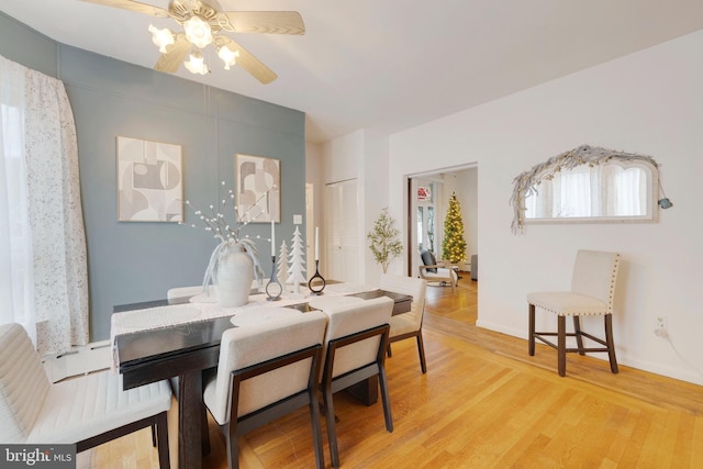 dining room with wood-type flooring and ceiling fan