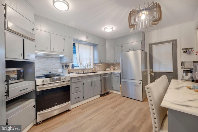 kitchen with sink, stainless steel appliances, light hardwood / wood-style flooring, pendant lighting, and decorative backsplash