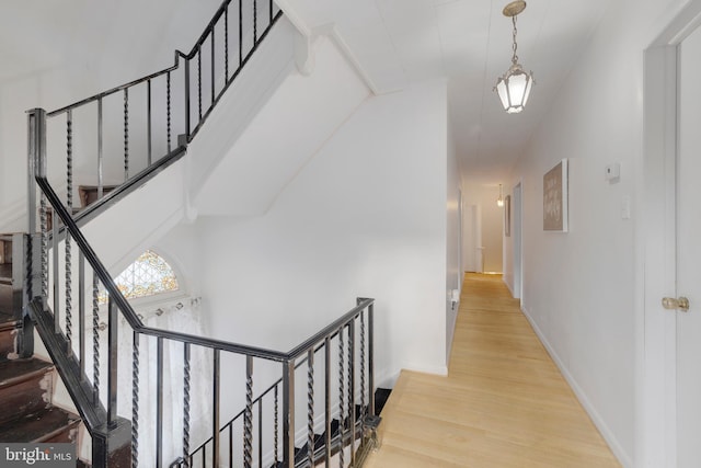 stairway with hardwood / wood-style floors and a high ceiling