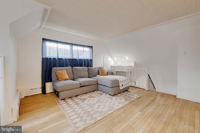 living room with light hardwood / wood-style floors and lofted ceiling