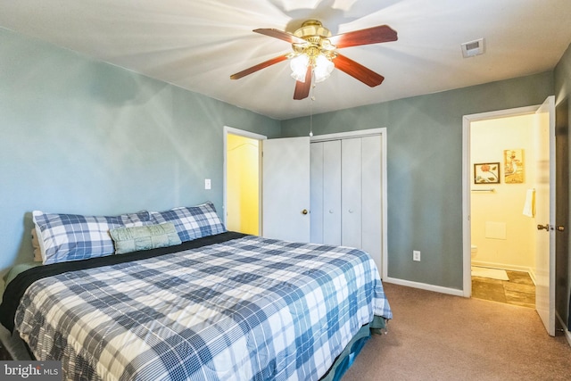 carpeted bedroom featuring a closet and ceiling fan