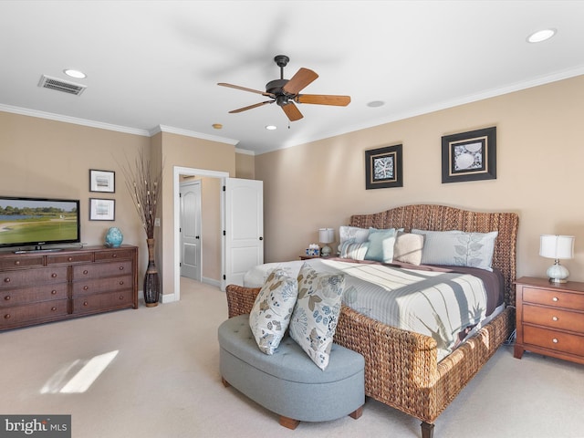 bedroom featuring ceiling fan, light colored carpet, and ornamental molding