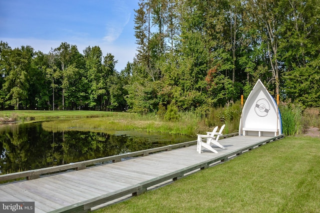 dock area with a water view and a yard