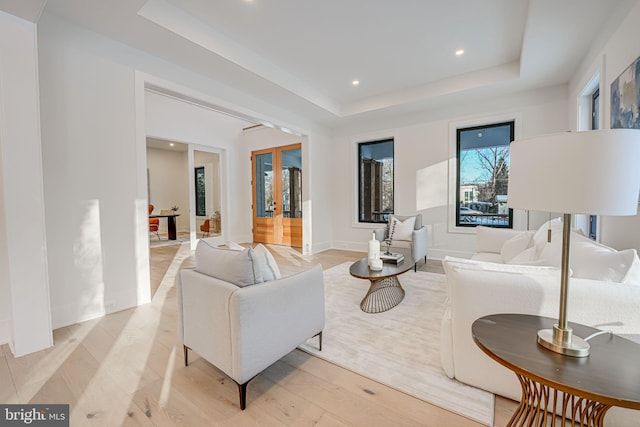 living room featuring a raised ceiling, french doors, and light wood-type flooring