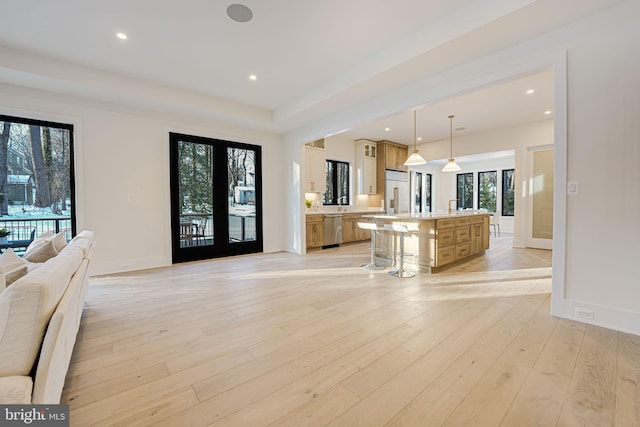 living room with french doors and light wood-type flooring