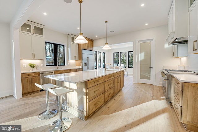 kitchen featuring high end appliances, decorative light fixtures, a large island, white cabinetry, and sink