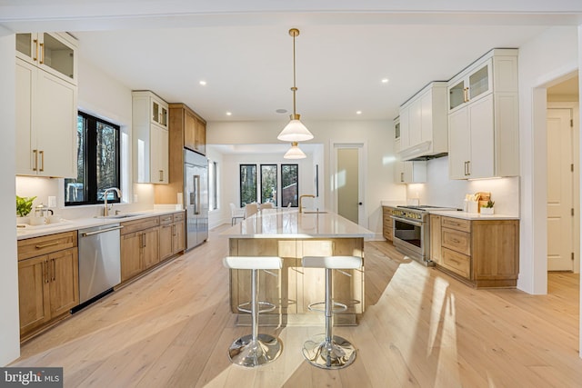 kitchen with high quality appliances, white cabinets, light hardwood / wood-style floors, and an island with sink