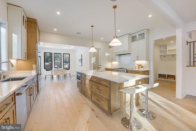 kitchen featuring a large island, white cabinetry, appliances with stainless steel finishes, sink, and light hardwood / wood-style flooring