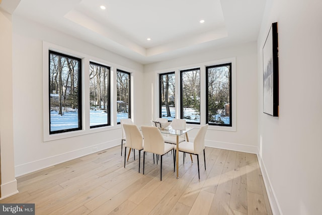 dining area featuring a tray ceiling and light hardwood / wood-style flooring