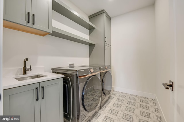 laundry room featuring sink, washing machine and clothes dryer, and cabinets