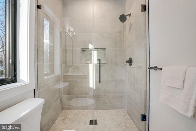 bathroom featuring a healthy amount of sunlight, an enclosed shower, and toilet