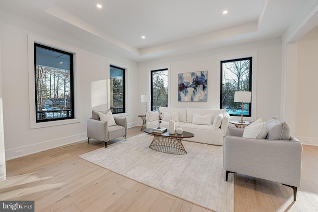 living room with a tray ceiling and light hardwood / wood-style floors